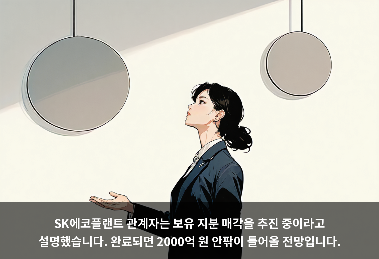 SK에코플랜트 관계자는 보유 지분 매각을 추진 중이라고 설명했습니다. 완료되면 2000억 원 안팎이 들어올 전망입니다.
