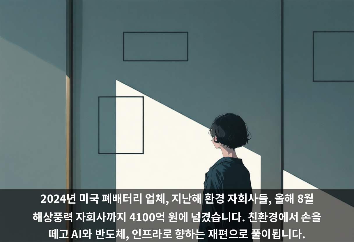 2024년 미국 폐배터리 업체, 지난해 환경 자회사들, 올해 8월 해상풍력 자회사까지 4100억 원에 넘겼습니다. 친환경에서 손을 떼고 AI와 반도체, 인프라로 향하는 재편으로 풀이됩니다.
