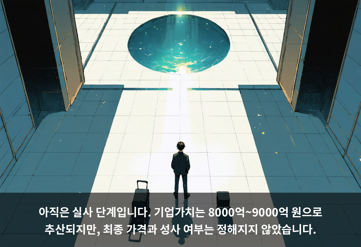 아직은 실사 단계입니다. 기업가치는 8000억~9000억 원으로 추산되지만, 최종 가격과 성사 여부는 정해지지 않았습니다.