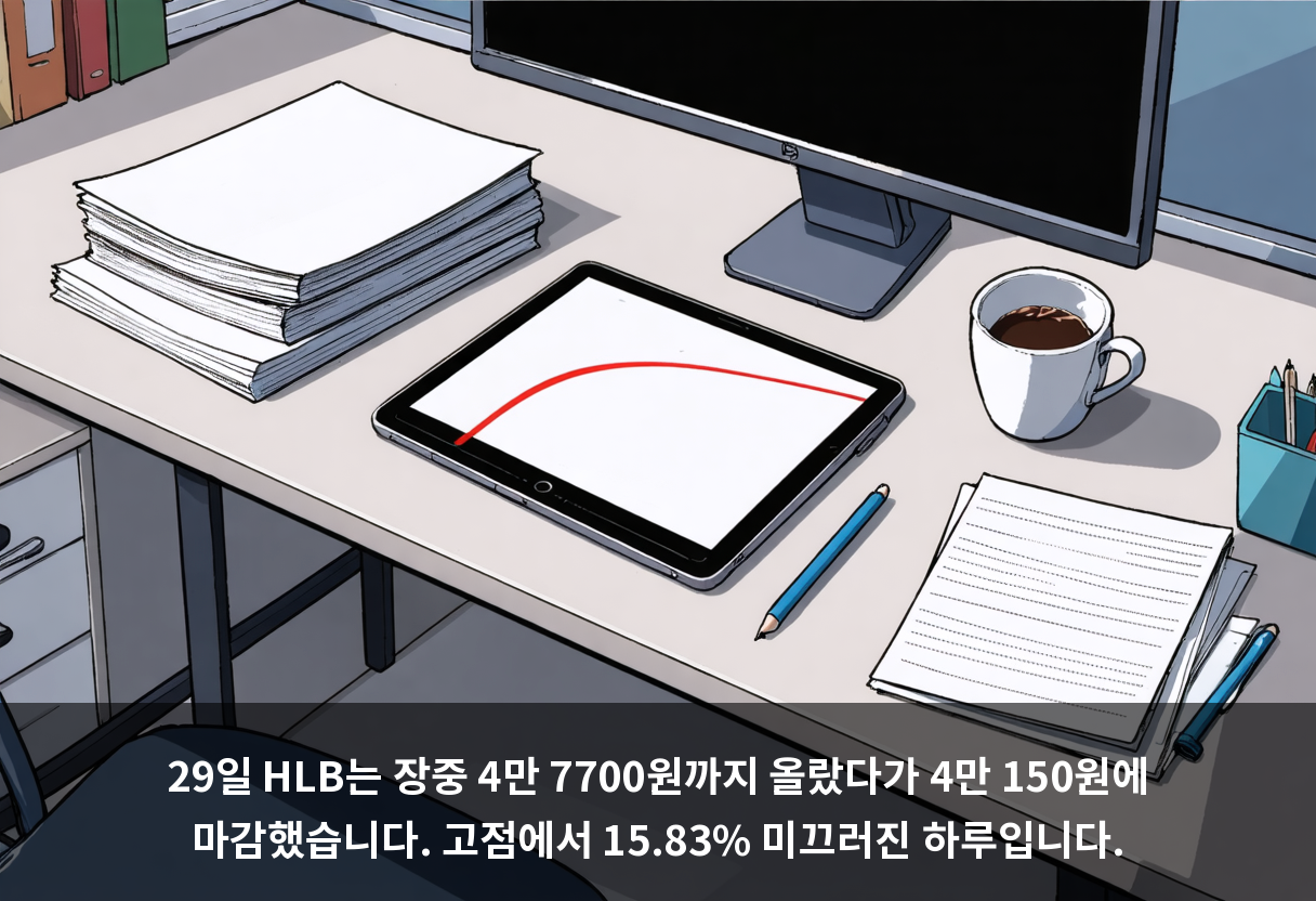 29일 HLB는 장중 4만 7700원까지 올랐다가 4만 150원에 마감했습니다. 고점에서 15.83% 미끄러진 하루입니다.