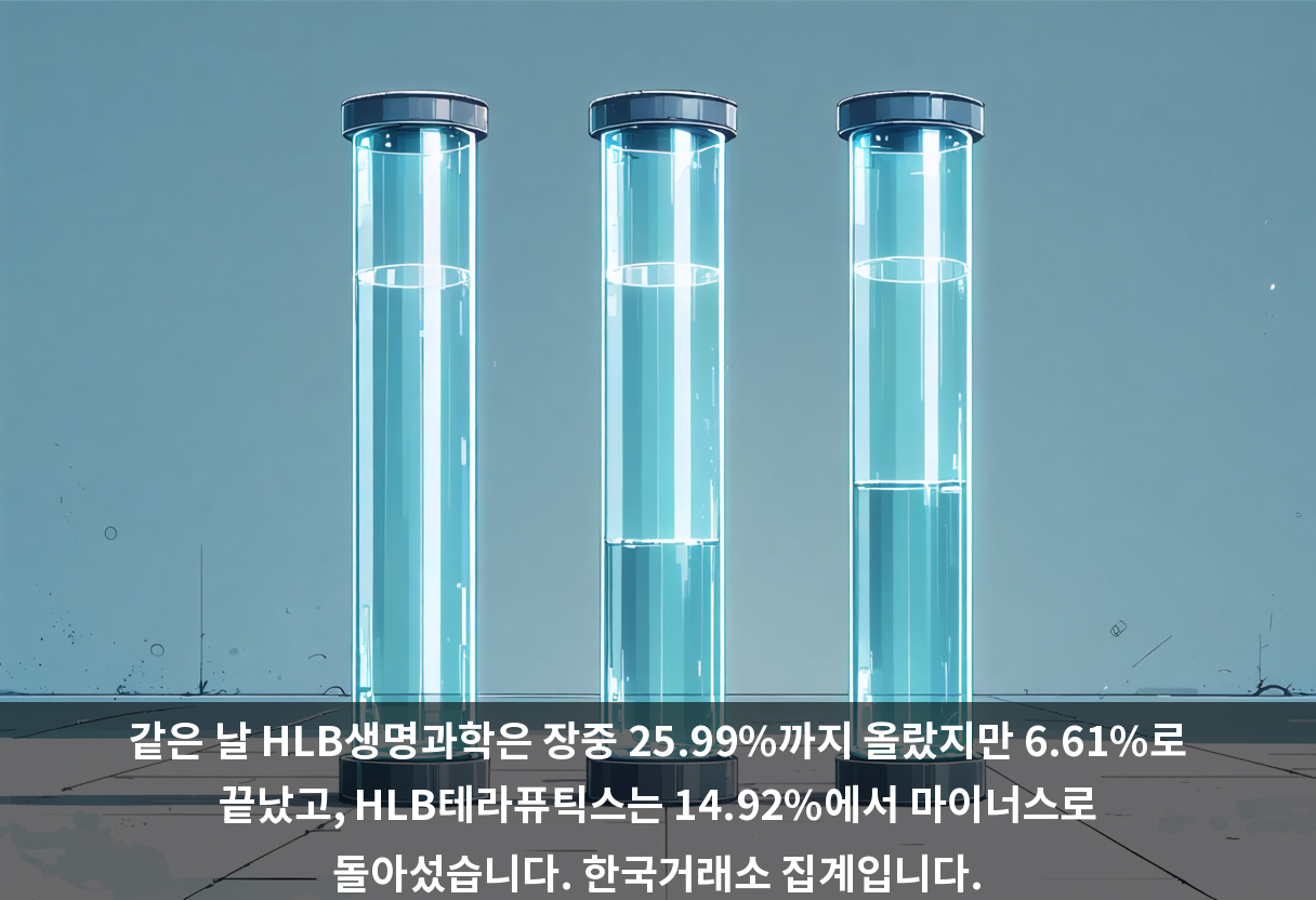 같은 날 HLB생명과학은 장중 25.99%까지 올랐지만 6.61%로 끝났고, HLB테라퓨틱스는 14.92%에서 마이너스로 돌아섰습니다. 한국거래소 집계입니다.