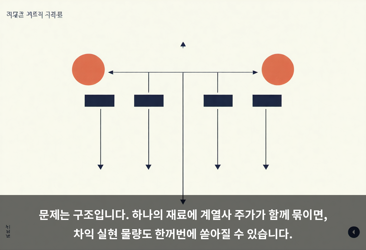 문제는 구조입니다. 하나의 재료에 계열사 주가가 함께 묶이면, 차익 실현 물량도 한꺼번에 쏟아질 수 있습니다.