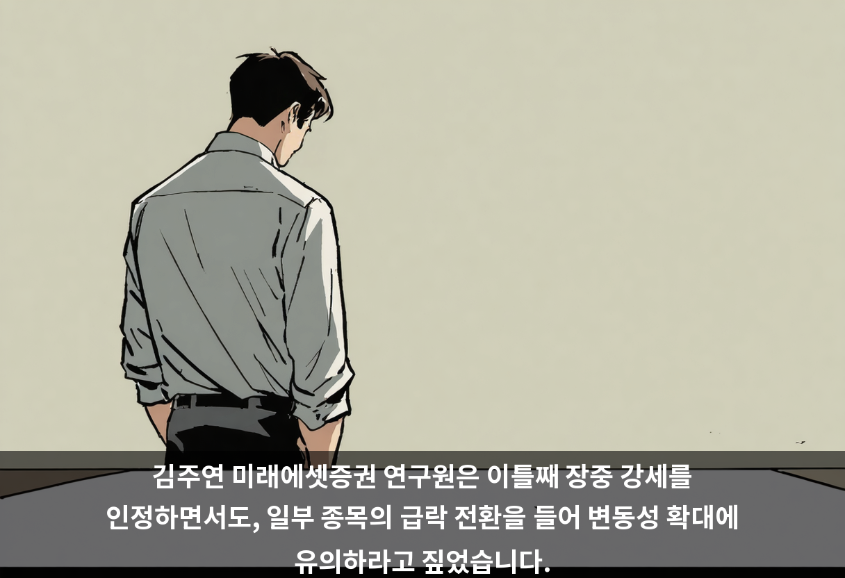김주연 미래에셋증권 연구원은 이틀째 장중 강세를 인정하면서도, 일부 종목의 급락 전환을 들어 변동성 확대에 유의하라고 짚었습니다.