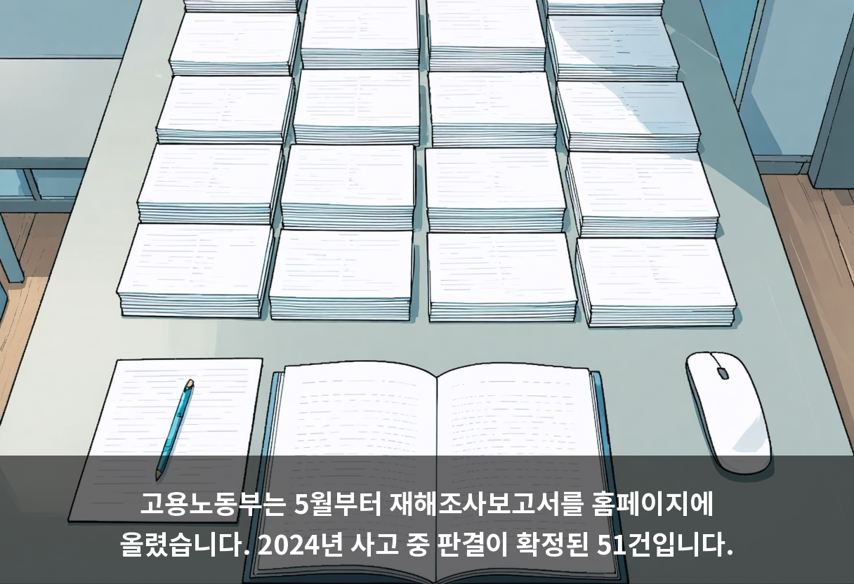 고용노동부는 5월부터 재해조사보고서를 홈페이지에 올렸습니다. 2024년 사고 중 판결이 확정된 51건입니다.