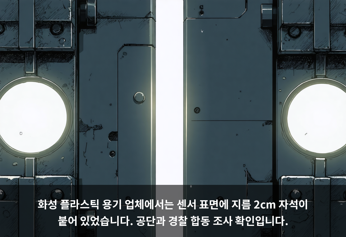 화성 플라스틱 용기 업체에서는 센서 표면에 지름 2cm 자석이 붙어 있었습니다. 공단과 경찰 합동 조사 확인입니다.