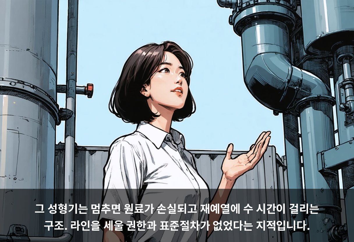 그 성형기는 멈추면 원료가 손실되고 재예열에 수 시간이 걸리는 구조. 라인을 세울 권한과 표준절차가 없었다는 지적입니다.