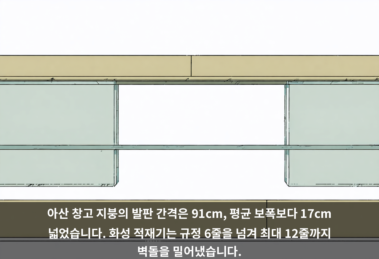 아산 창고 지붕의 발판 간격은 91cm, 평균 보폭보다 17cm 넓었습니다. 화성 적재기는 규정 6줄을 넘겨 최대 12줄까지 벽돌을 밀어냈습니다.