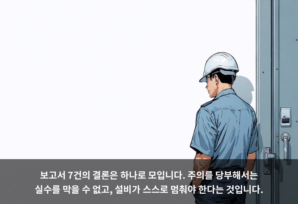 보고서 7건의 결론은 하나로 모입니다. 주의를 당부해서는 실수를 막을 수 없고, 설비가 스스로 멈춰야 한다는 것입니다.