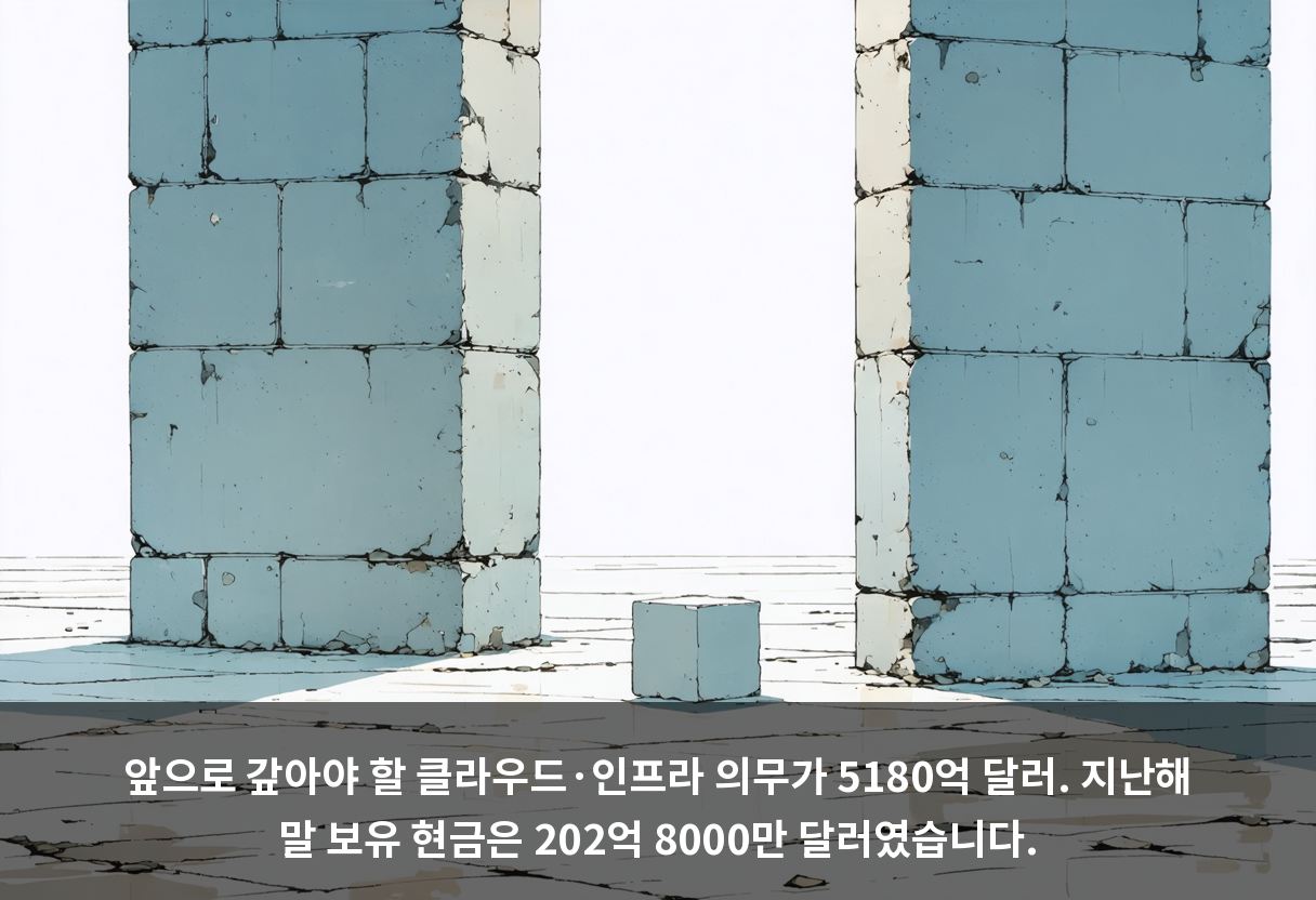 앞으로 갚아야 할 클라우드·인프라 의무가 5180억 달러. 지난해 말 보유 현금은 202억 8000만 달러였습니다.