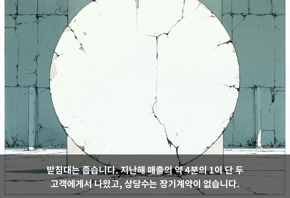 받침대는 좁습니다. 지난해 매출의 약 4분의 1이 단 두 고객에게서 나왔고, 상당수는 장기계약이 없습니다.