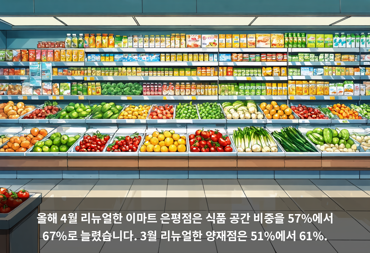 올해 4월 리뉴얼한 이마트 은평점은 식품 공간 비중을 57%에서 67%로 늘렸습니다. 3월 리뉴얼한 양재점은 51%에서 61%.