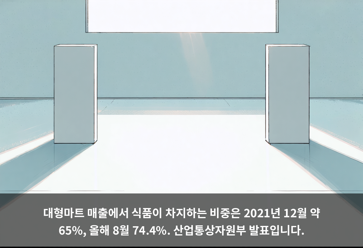대형마트 매출에서 식품이 차지하는 비중은 2021년 12월 약 65%, 올해 8월 74.4%. 산업통상자원부 발표입니다.