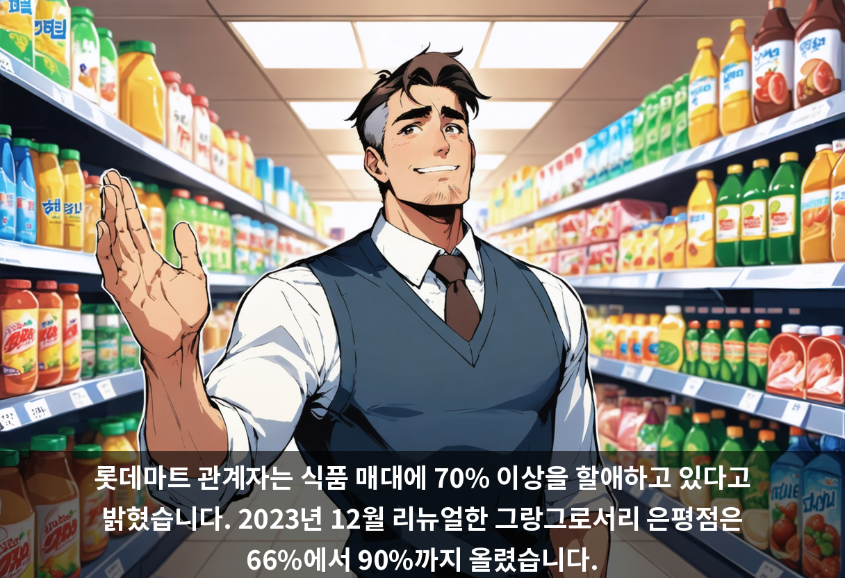 롯데마트 관계자는 식품 매대에 70% 이상을 할애하고 있다고 밝혔습니다. 2023년 12월 리뉴얼한 그랑그로서리 은평점은 66%에서 90%까지 올렸습니다.