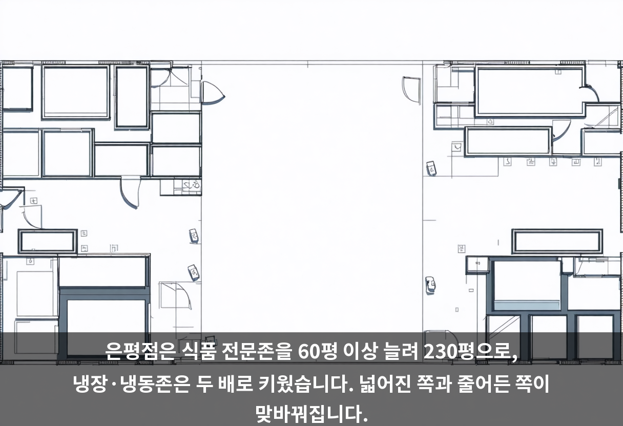 은평점은 식품 전문존을 60평 이상 늘려 230평으로, 냉장·냉동존은 두 배로 키웠습니다. 넓어진 쪽과 줄어든 쪽이 맞바꿔집니다.
