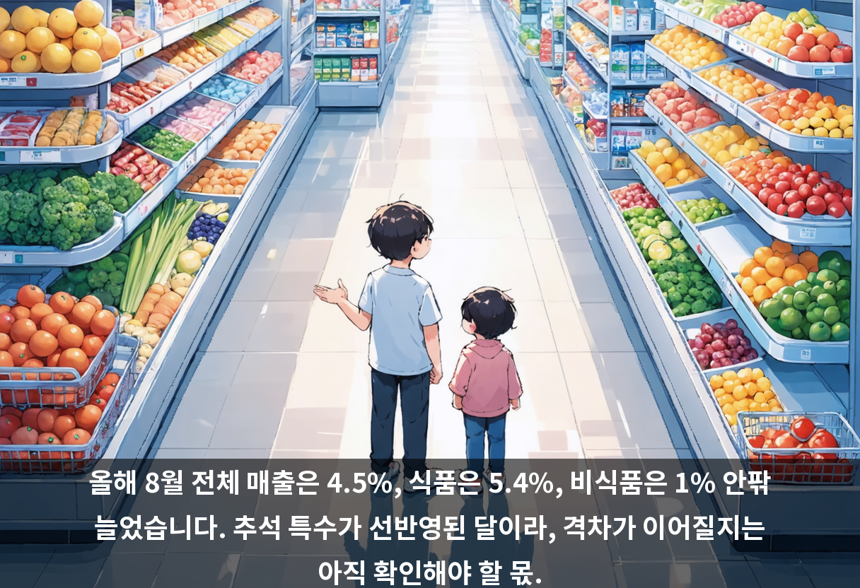 올해 8월 전체 매출은 4.5%, 식품은 5.4%, 비식품은 1% 안팎 늘었습니다. 추석 특수가 선반영된 달이라, 격차가 이어질지는 아직 확인해야 할 몫.
