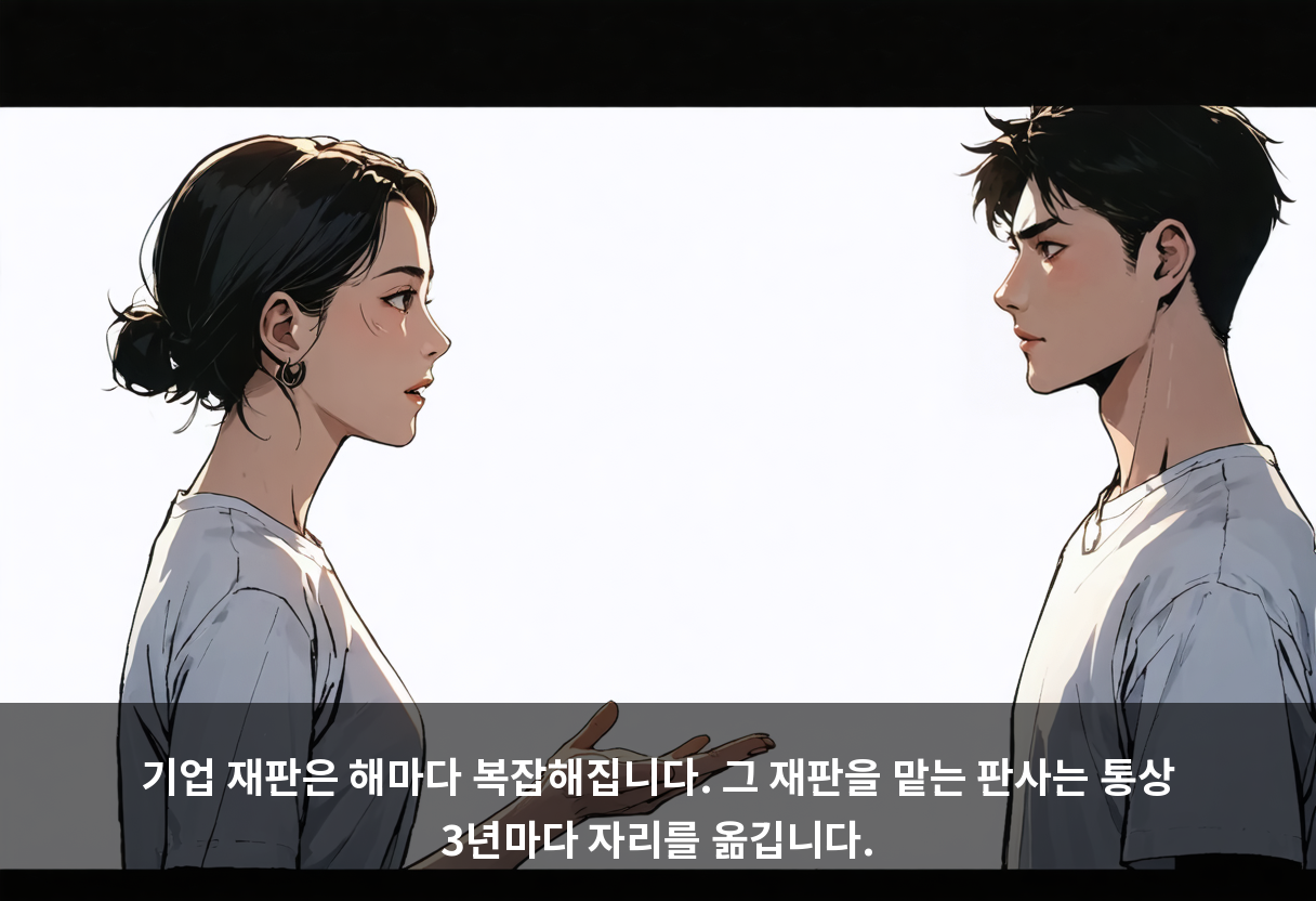 기업 재판은 해마다 복잡해집니다. 그 재판을 맡는 판사는 통상 3년마다 자리를 옮깁니다.