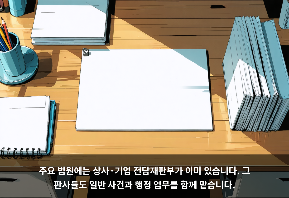 주요 법원에는 상사·기업 전담재판부가 이미 있습니다. 그 판사들도 일반 사건과 행정 업무를 함께 맡습니다.