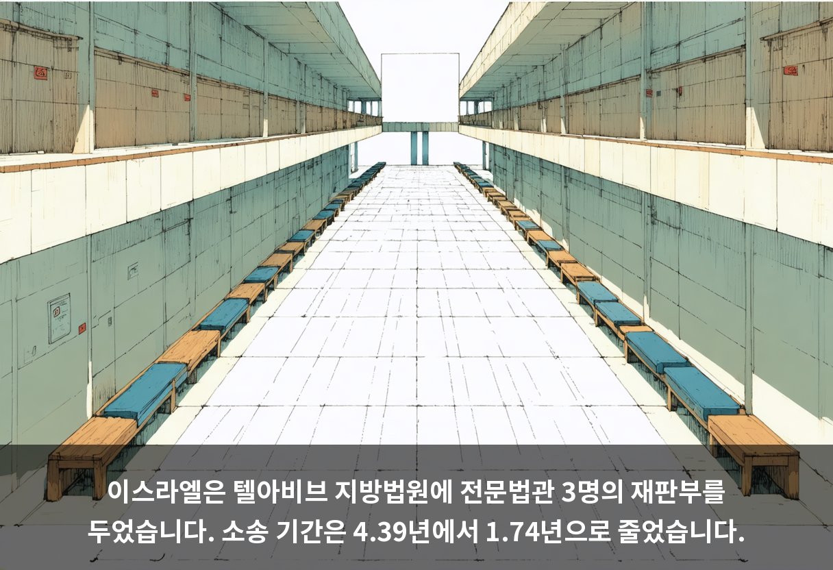 이스라엘은 텔아비브 지방법원에 전문법관 3명의 재판부를 두었습니다. 소송 기간은 4.39년에서 1.74년으로 줄었습니다.