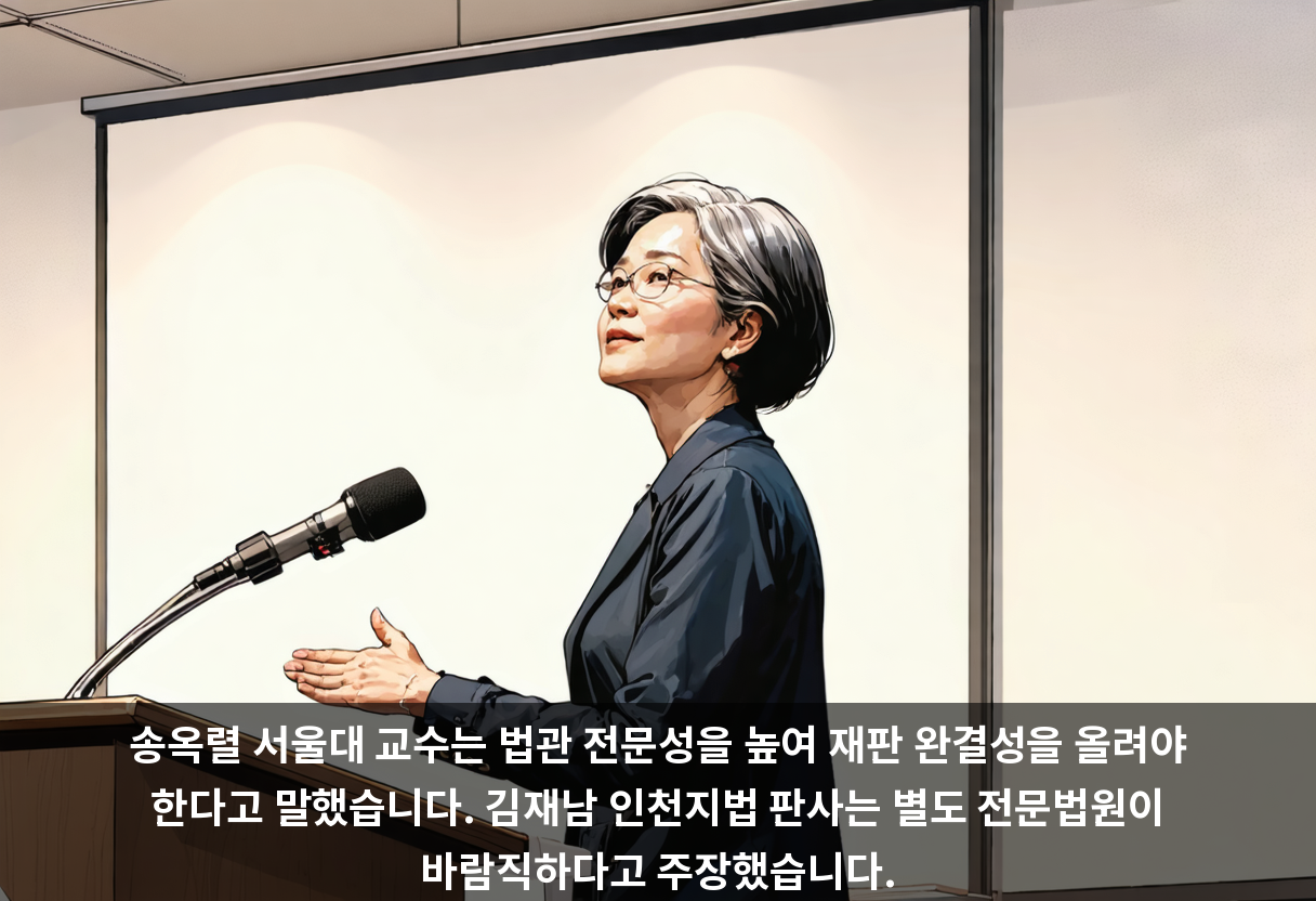 송옥렬 서울대 교수는 법관 전문성을 높여 재판 완결성을 올려야 한다고 말했습니다. 김재남 인천지법 판사는 별도 전문법원이 바람직하다고 주장했습니다.