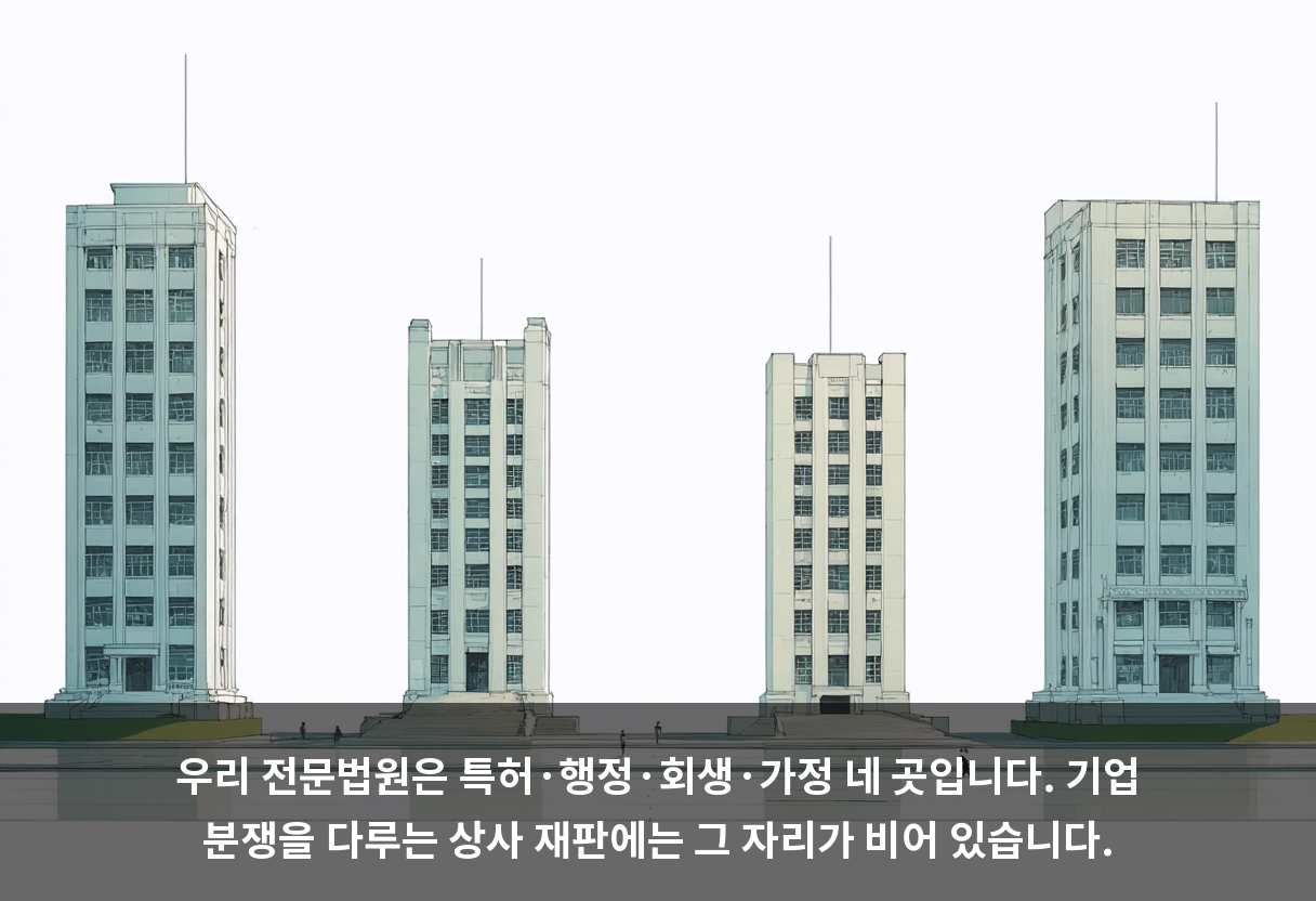 우리 전문법원은 특허·행정·회생·가정 네 곳입니다. 기업 분쟁을 다루는 상사 재판에는 그 자리가 비어 있습니다.