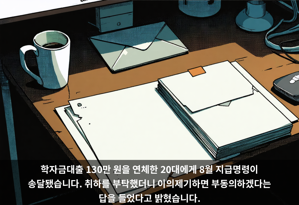 학자금대출 130만 원을 연체한 20대에게 8월 지급명령이 송달됐습니다. 취하를 부탁했더니 이의제기하면 부동의하겠다는 답을 들었다고 밝혔습니다.