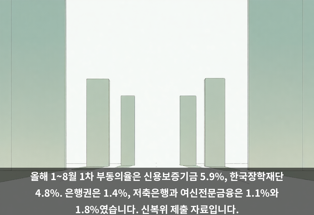 올해 1~8월 1차 부동의율은 신용보증기금 5.9%, 한국장학재단 4.8%. 은행권은 1.4%, 저축은행과 여신전문금융은 1.1%와 1.8%였습니다. 신복위 제출 자료입니다.