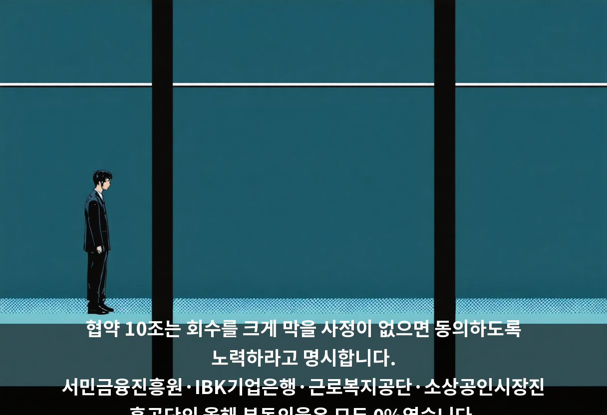 협약 10조는 회수를 크게 막을 사정이 없으면 동의하도록 노력하라고 명시합니다. 서민금융진흥원·IBK기업은행·근로복지공단·소상공인시장진흥공단의 올해 부동의율은 모두 0%였습니다.
