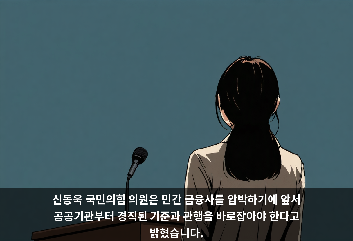 신동욱 국민의힘 의원은 민간 금융사를 압박하기에 앞서 공공기관부터 경직된 기준과 관행을 바로잡아야 한다고 밝혔습니다.