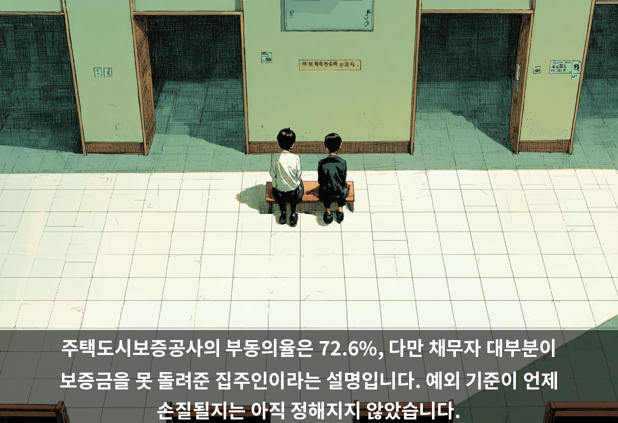주택도시보증공사의 부동의율은 72.6%, 다만 채무자 대부분이 보증금을 못 돌려준 집주인이라는 설명입니다. 예외 기준이 언제 손질될지는 아직 정해지지 않았습니다.