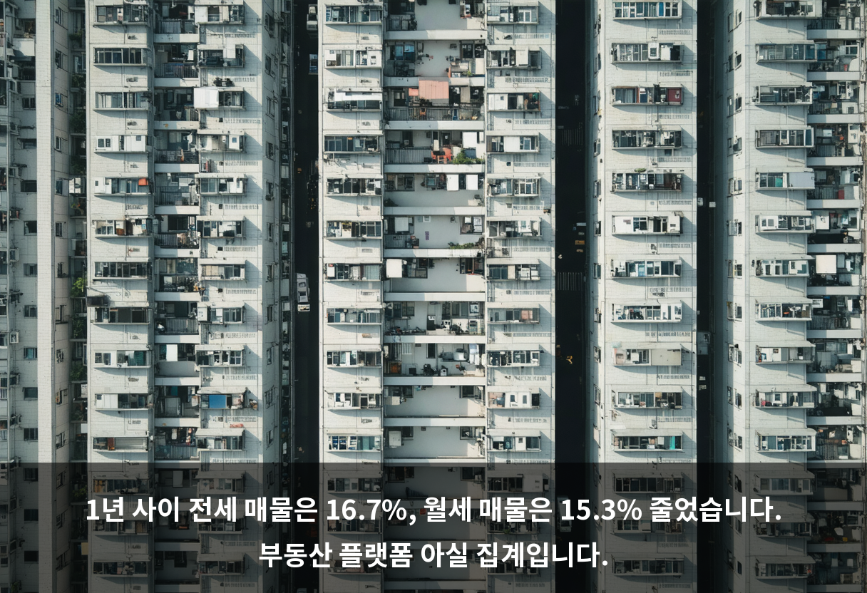 1년 사이 전세 매물은 16.7%, 월세 매물은 15.3% 줄었습니다. 부동산 플랫폼 아실 집계입니다.