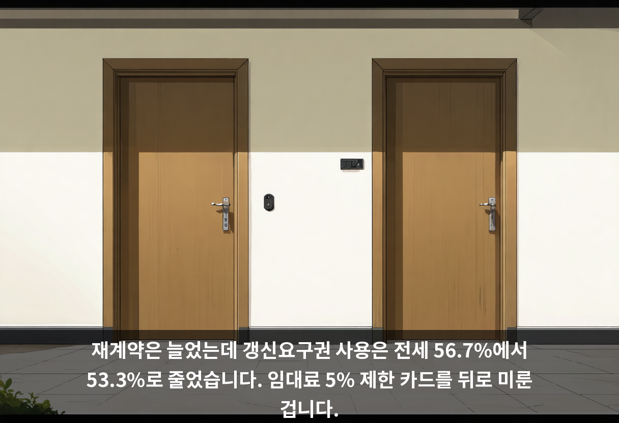 재계약은 늘었는데 갱신요구권 사용은 전세 56.7%에서 53.3%로 줄었습니다. 임대료 5% 제한 카드를 뒤로 미룬 겁니다.