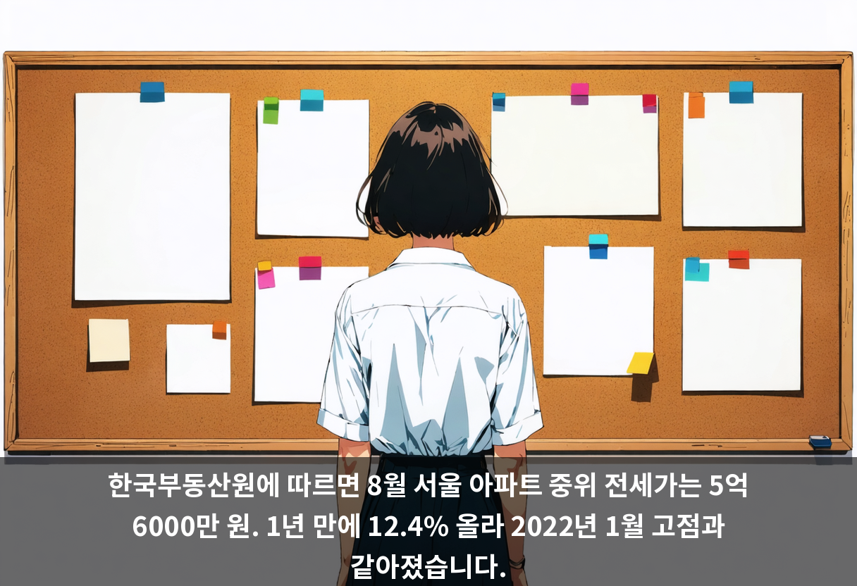 한국부동산원에 따르면 8월 서울 아파트 중위 전세가는 5억 6000만 원. 1년 만에 12.4% 올라 2022년 1월 고점과 같아졌습니다.