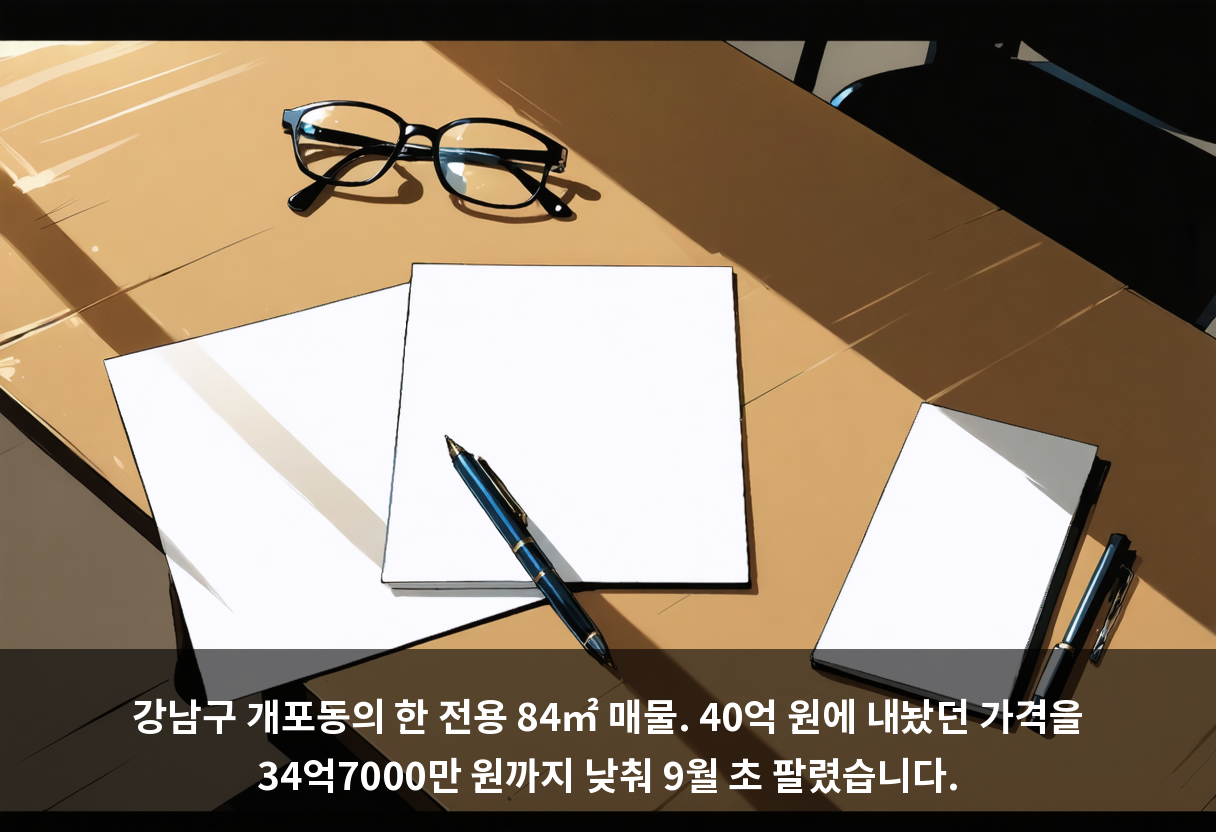 강남구 개포동의 한 전용 84㎡ 매물. 40억 원에 내놨던 가격을 34억7000만 원까지 낮춰 9월 초 팔렸습니다.