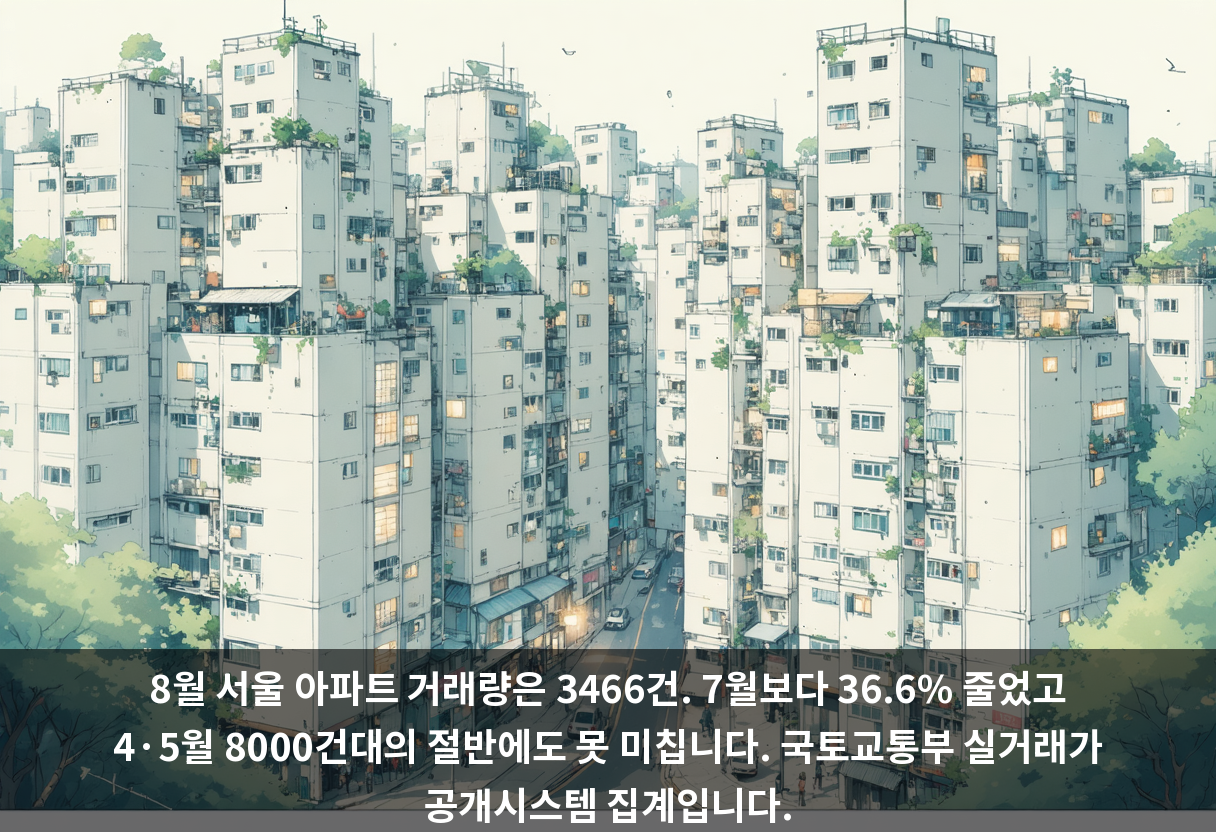 8월 서울 아파트 거래량은 3466건. 7월보다 36.6% 줄었고 4·5월 8000건대의 절반에도 못 미칩니다. 국토교통부 실거래가 공개시스템 집계입니다.