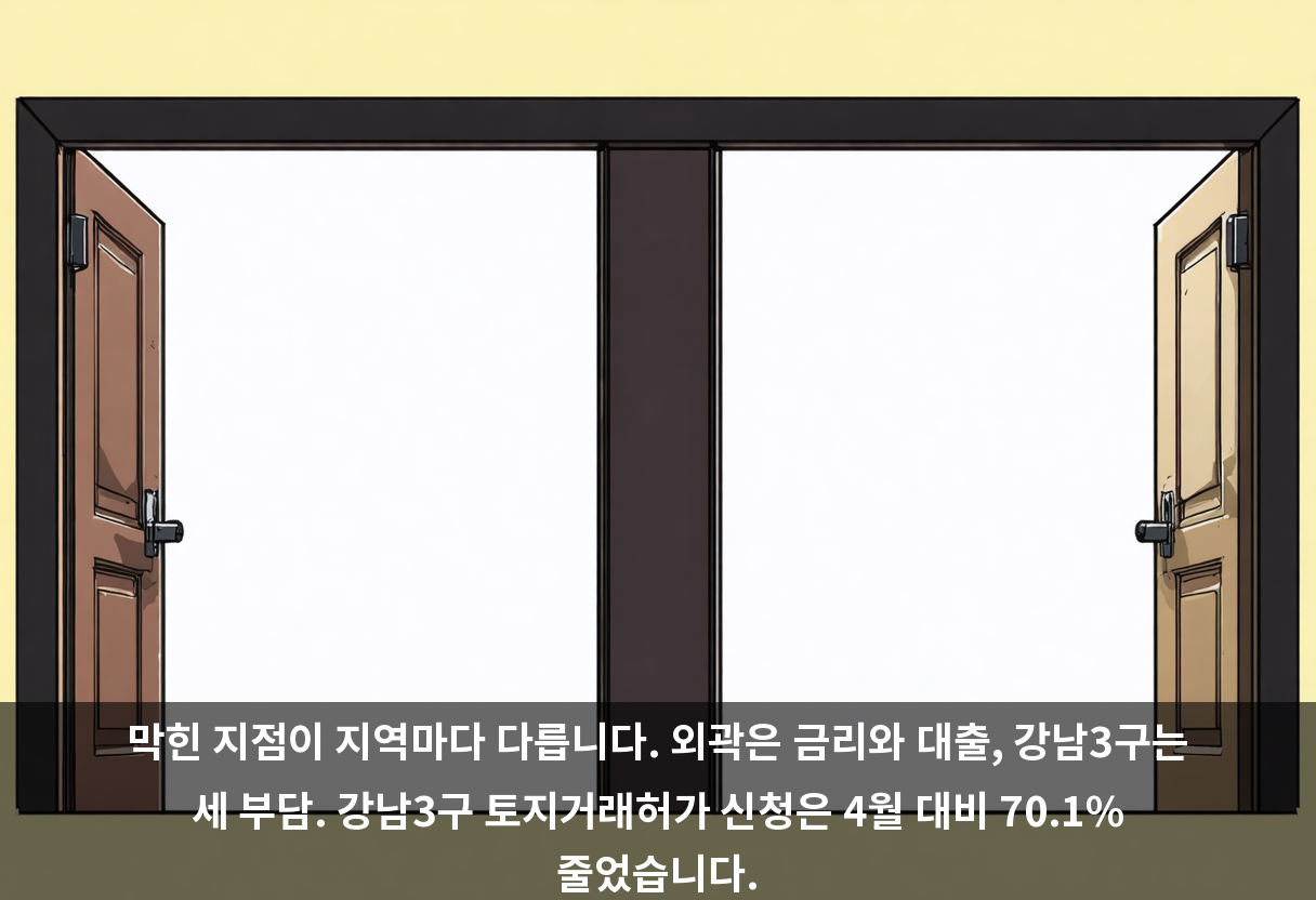 막힌 지점이 지역마다 다릅니다. 외곽은 금리와 대출, 강남3구는 세 부담. 강남3구 토지거래허가 신청은 4월 대비 70.1% 줄었습니다.