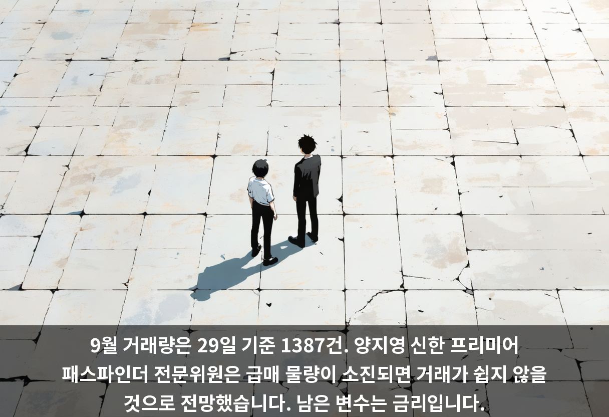 9월 거래량은 29일 기준 1387건. 양지영 신한 프리미어 패스파인더 전문위원은 급매 물량이 소진되면 거래가 쉽지 않을 것으로 전망했습니다. 남은 변수는 금리입니다.