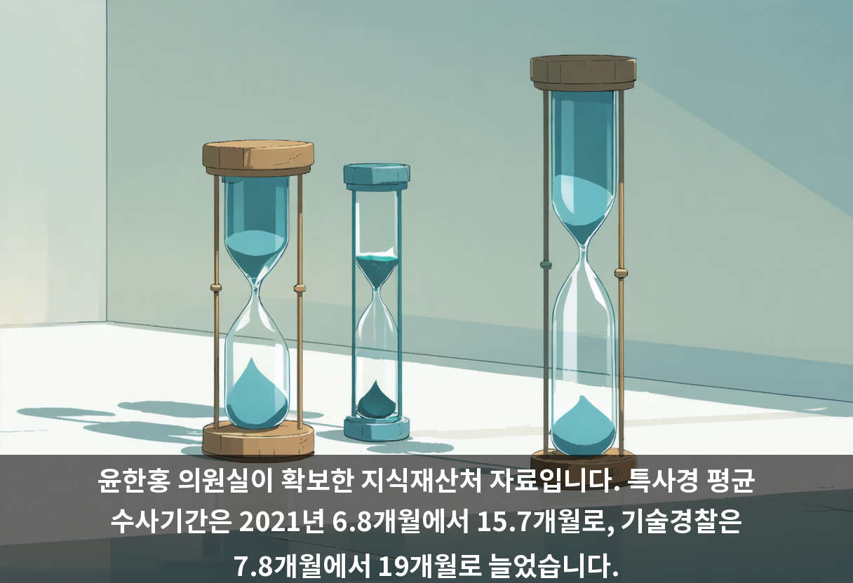 윤한홍 의원실이 확보한 지식재산처 자료입니다. 특사경 평균 수사기간은 2021년 6.8개월에서 15.7개월로, 기술경찰은 7.8개월에서 19개월로 늘었습니다.