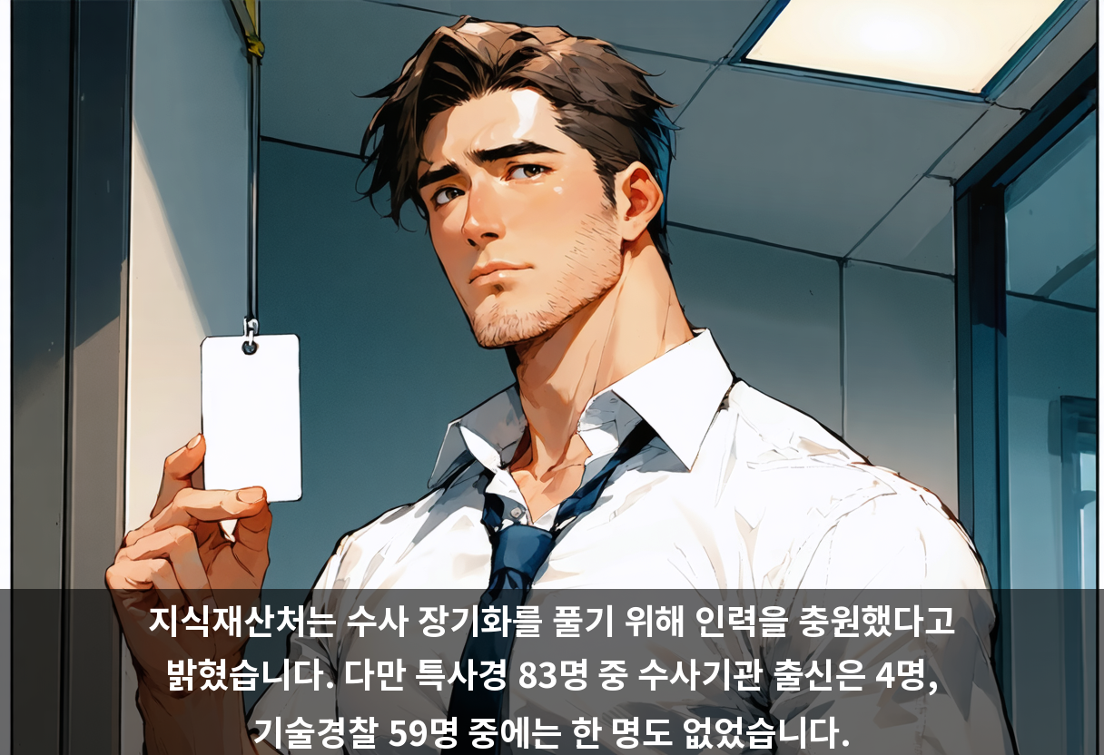 지식재산처는 수사 장기화를 풀기 위해 인력을 충원했다고 밝혔습니다. 다만 특사경 83명 중 수사기관 출신은 4명, 기술경찰 59명 중에는 한 명도 없었습니다.