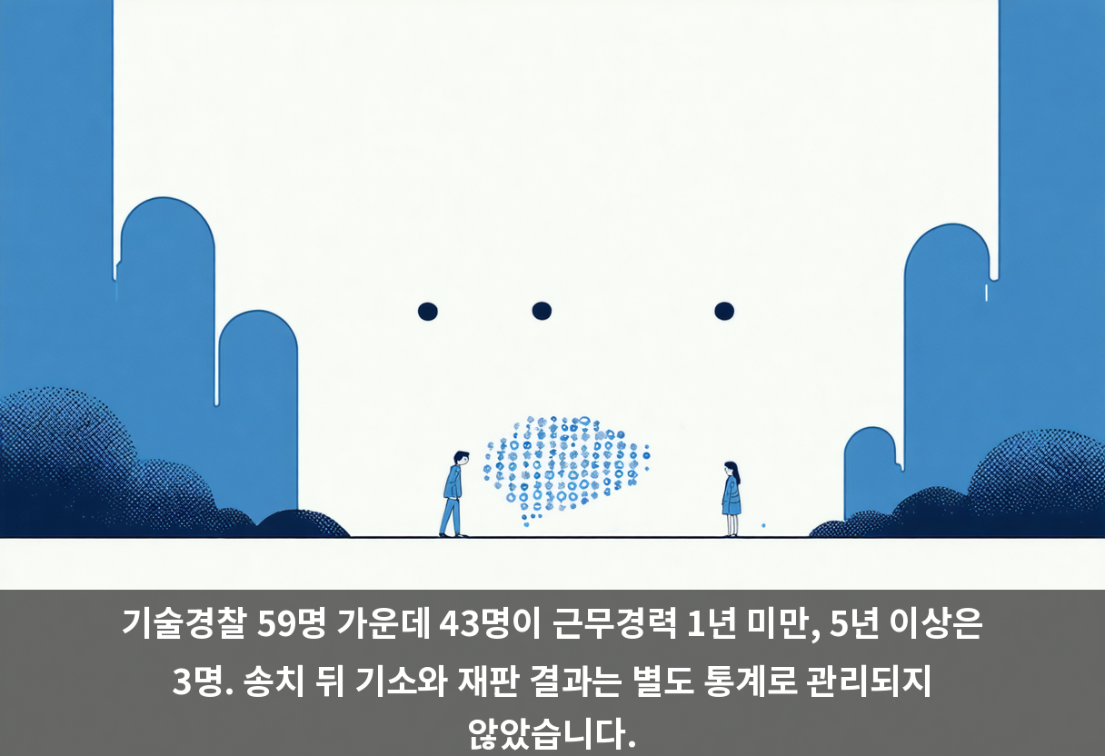 기술경찰 59명 가운데 43명이 근무경력 1년 미만, 5년 이상은 3명. 송치 뒤 기소와 재판 결과는 별도 통계로 관리되지 않았습니다.