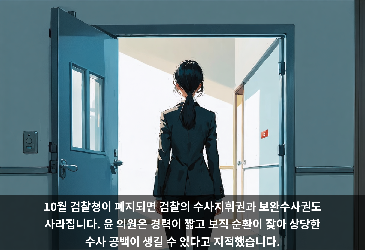 10월 검찰청이 폐지되면 검찰의 수사지휘권과 보완수사권도 사라집니다. 윤 의원은 경력이 짧고 보직 순환이 잦아 상당한 수사 공백이 생길 수 있다고 지적했습니다.