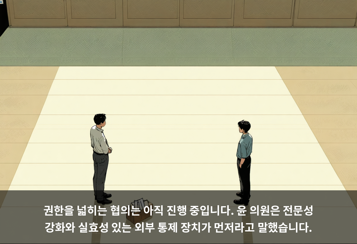 권한을 넓히는 협의는 아직 진행 중입니다. 윤 의원은 전문성 강화와 실효성 있는 외부 통제 장치가 먼저라고 말했습니다.