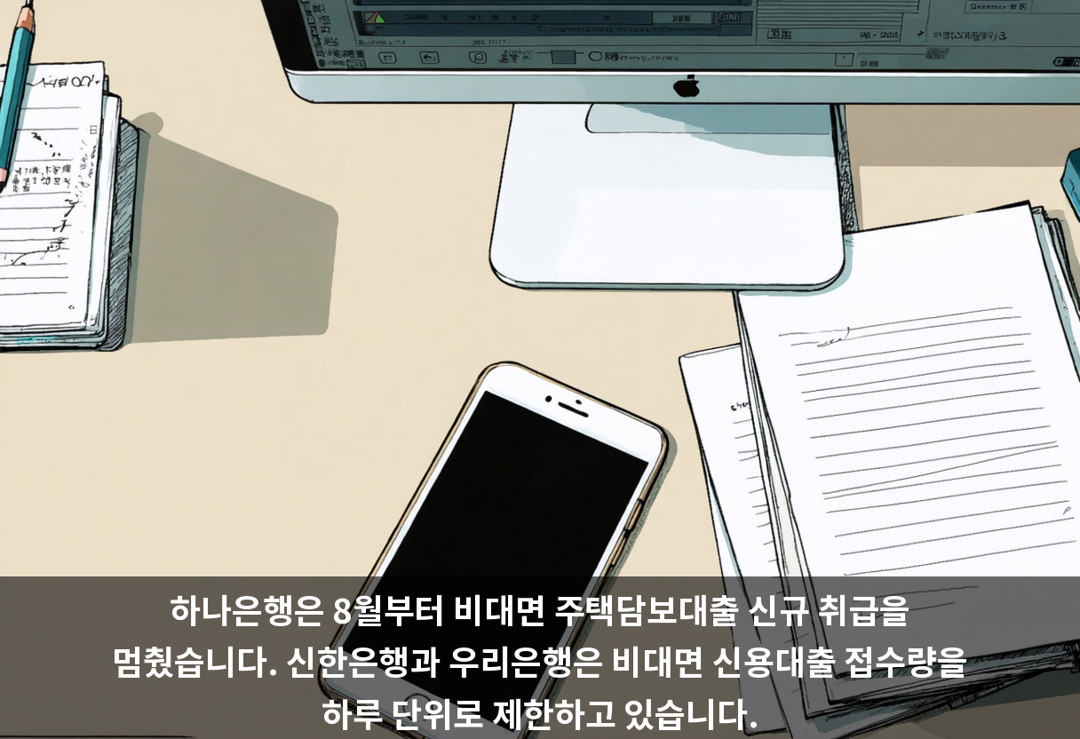 하나은행은 8월부터 비대면 주택담보대출 신규 취급을 멈췄습니다. 신한은행과 우리은행은 비대면 신용대출 접수량을 하루 단위로 제한하고 있습니다.