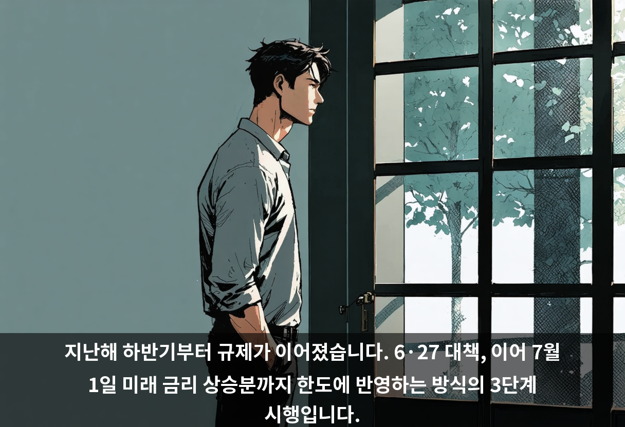 지난해 하반기부터 규제가 이어졌습니다. 6·27 대책, 이어 7월 1일 미래 금리 상승분까지 한도에 반영하는 방식의 3단계 시행입니다.