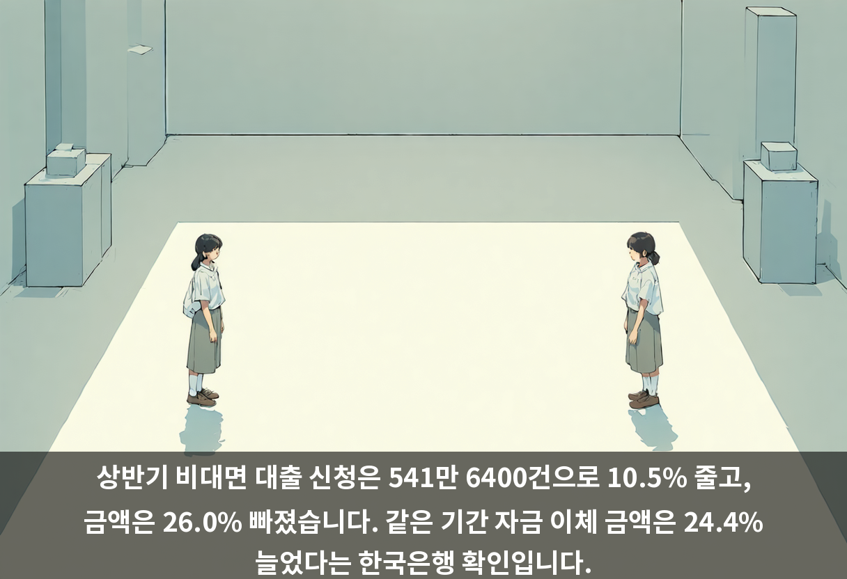 상반기 비대면 대출 신청은 541만 6400건으로 10.5% 줄고, 금액은 26.0% 빠졌습니다. 같은 기간 자금 이체 금액은 24.4% 늘었다는 한국은행 확인입니다.