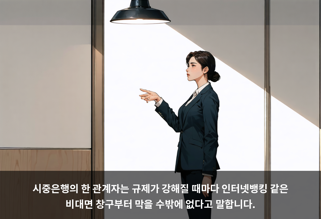 시중은행의 한 관계자는 규제가 강해질 때마다 인터넷뱅킹 같은 비대면 창구부터 막을 수밖에 없다고 말합니다.