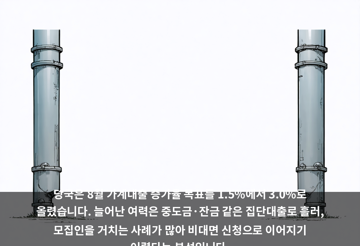 당국은 8월 가계대출 증가율 목표를 1.5%에서 3.0%로 올렸습니다. 늘어난 여력은 중도금·잔금 같은 집단대출로 흘러, 모집인을 거치는 사례가 많아 비대면 신청으로 이어지기 어렵다는 분석입니다.