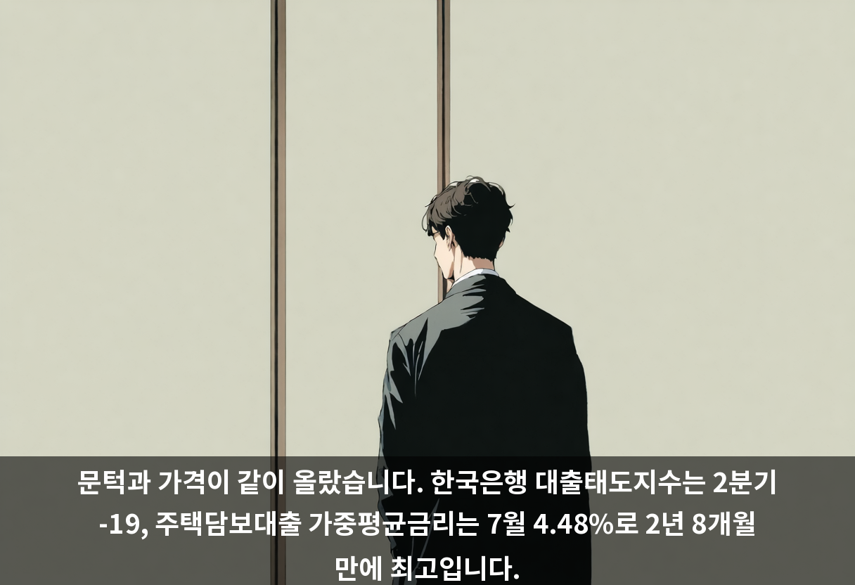 문턱과 가격이 같이 올랐습니다. 한국은행 대출태도지수는 2분기 -19, 주택담보대출 가중평균금리는 7월 4.48%로 2년 8개월 만에 최고입니다.