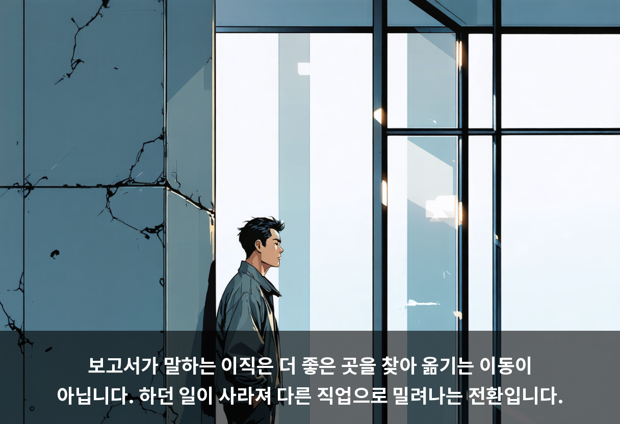 보고서가 말하는 이직은 더 좋은 곳을 찾아 옮기는 이동이 아닙니다. 하던 일이 사라져 다른 직업으로 밀려나는 전환입니다.