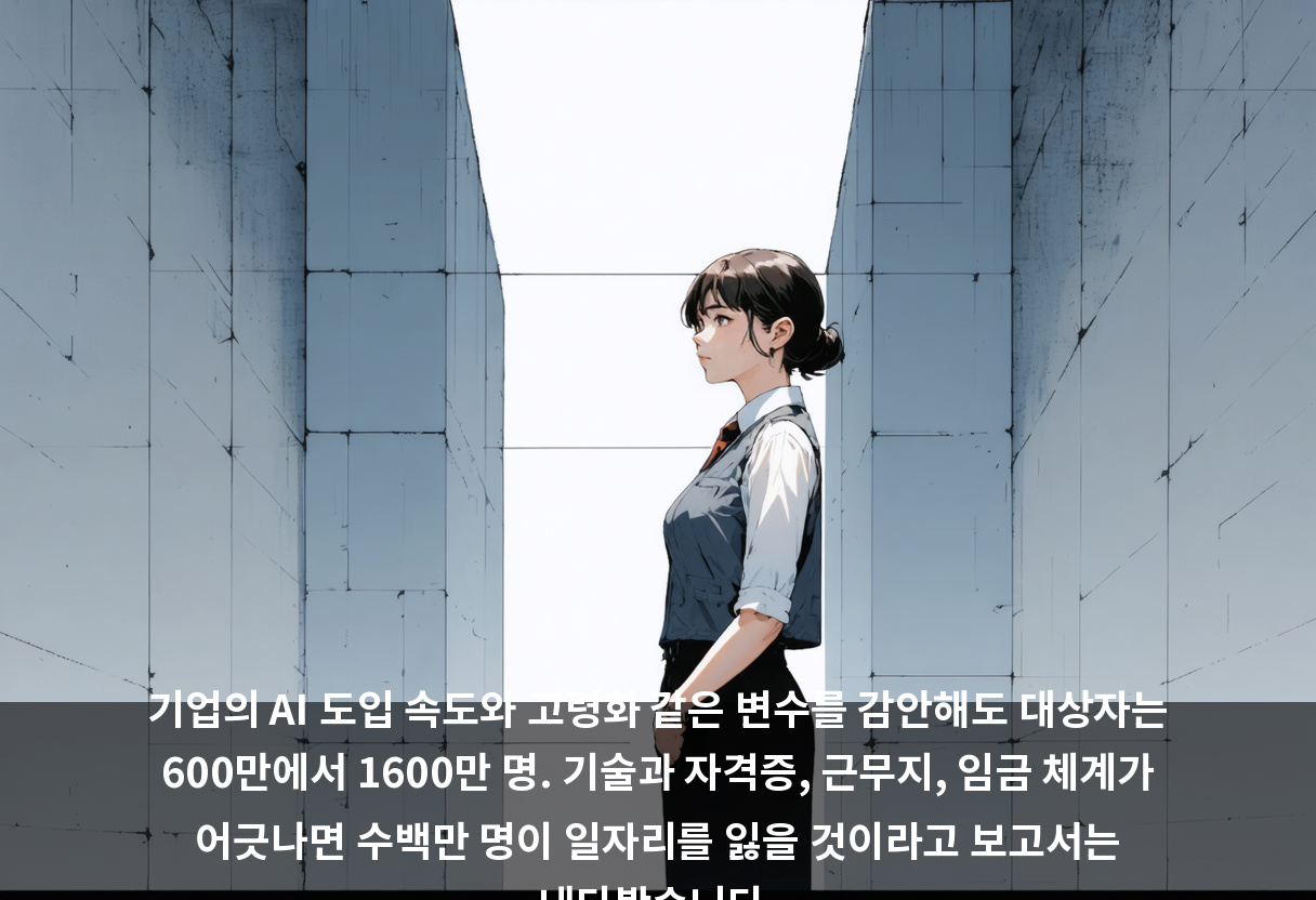 기업의 AI 도입 속도와 고령화 같은 변수를 감안해도 대상자는 600만에서 1600만 명. 기술과 자격증, 근무지, 임금 체계가 어긋나면 수백만 명이 일자리를 잃을 것이라고 보고서는 내다봤습니다.