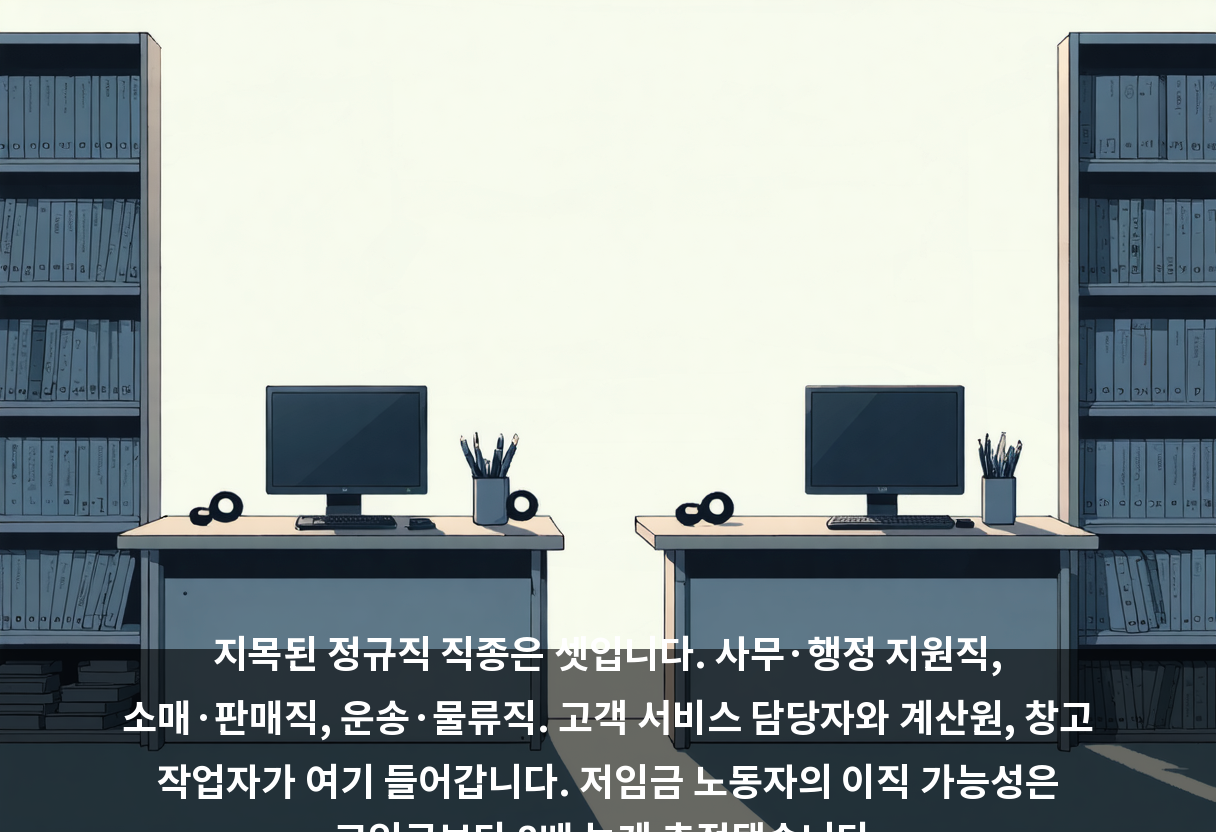 지목된 정규직 직종은 셋입니다. 사무·행정 지원직, 소매·판매직, 운송·물류직. 고객 서비스 담당자와 계산원, 창고 작업자가 여기 들어갑니다. 저임금 노동자의 이직 가능성은 고임금보다 8배 높게 추정됐습니다.
